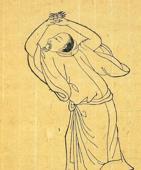 Woodcut of a man in the bird posture, arms raised above his head like wings