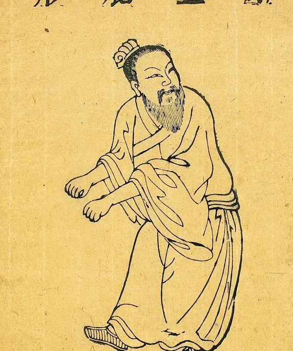 Woodcut of a man in the deer posture, turning and stretching