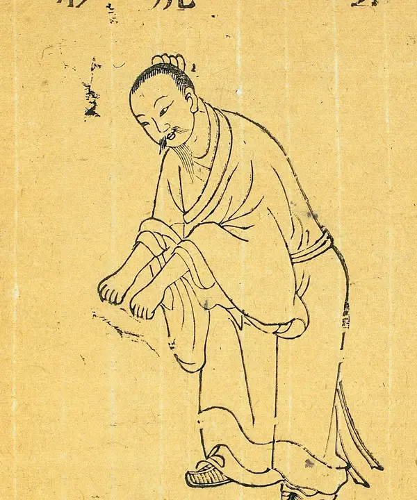 Woodcut of a robed man in the tiger posture, hands clawed and body lowered