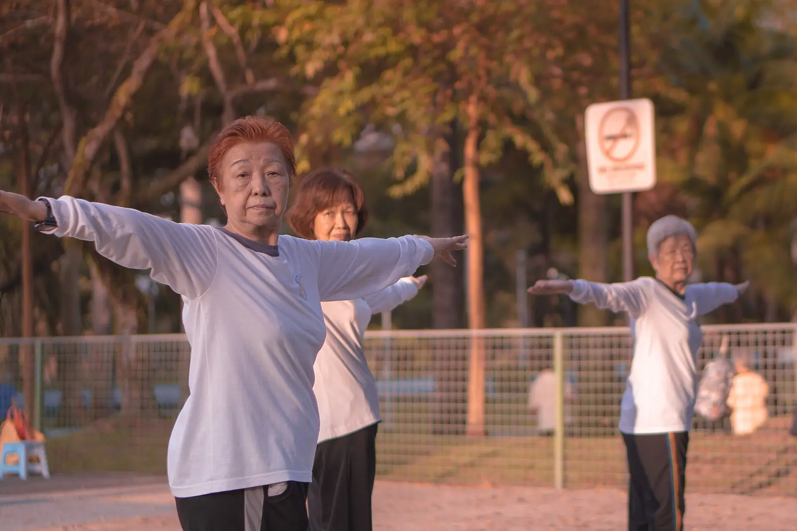 Older adults practicing slow movements with arms outstretched in a park in warm morning light